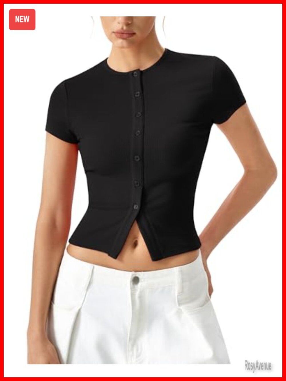 Ribbed Knit Button Front Crewneck Short Sleeve Slim Fit Going Out Top